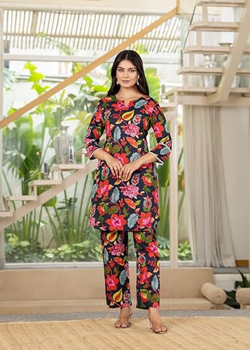 Image of Pistaa's Women Pure Cotton Floral Printed Straight Rounded Hem Co-ord Set