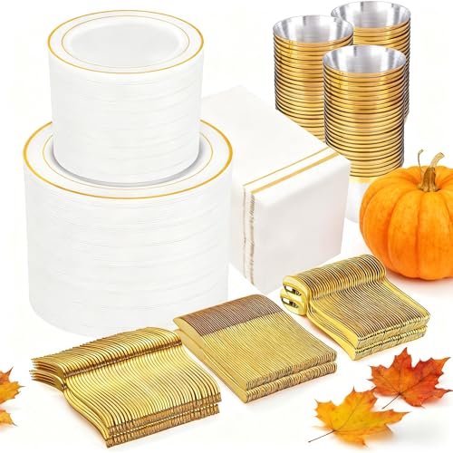 GATHER 700PCS Gold Plastic Plates - Whtie and Gold Disposable Dinnerware Sets 100Guest - 200 Disposable Plate, 300 Plastic Silverware, 100 Cups, 100 Napkins for Wedding & Party & Thanksgiving GATHER 700PCS Gold Plastic Plates - Whtie and Gold Disposable Dinnerware Sets 100Guest - 200 Disposable Plate, 300 Plastic Silverware, 100 Cups, 100 Napkins for Wedding & Party & Thanksgiving