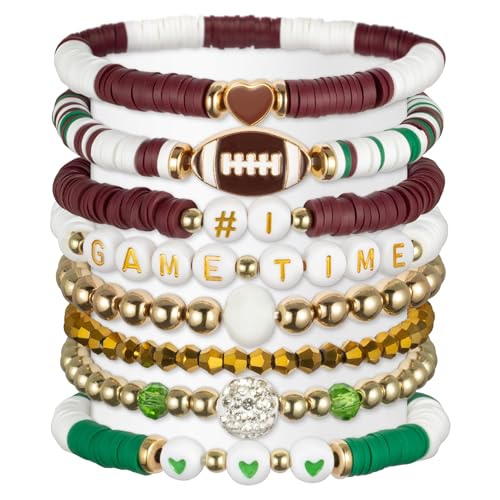 Y1tvei Game Time Bracelets Set - 8Pcs Green Football Sport Game Day Soft Pottery Gold Bead Clay Bead Bracelets, Stackable Heishi Jewelry Accessory Decor Set Fancy Gift for Boys Girls Rugby Team Party