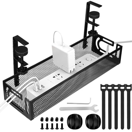 Image of Under Desk Cable Management Tray, Cable Management Under Desk No Drill, Wire Management Tray with Clamp, Cord Organizer for Home Office, Black