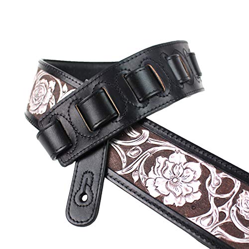 Walker And Williams Lhr-17-Sil Handmade Premium Black Carved Leather Guitar Strap With Silver On Bourbon Brown Western Floral Carving For Acoustic, Electric, And Bass Guitars #TOP1