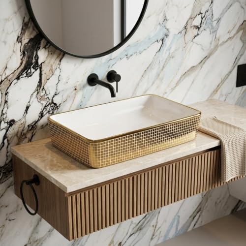 Image of Luxurious Golden Table Top for Bathroom /Ceramic Bathroom Wash Basin /Countertop Wash Basin /Vessel Sink (24x14 Inch)