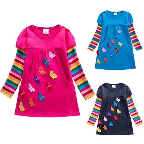 Girls Kids A-Line Christmas Pocket Dress Creative Star Butterfly Embroidered Rainbow Sleeve Pocket Skirt For 3-8 Years Toddlers Children Long-Sleeved Pocket A-Line Dress #TOP19