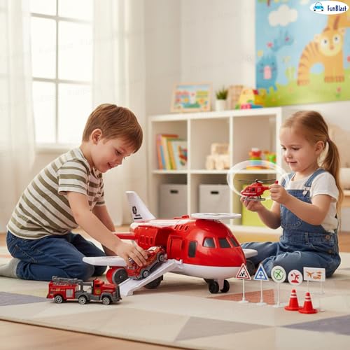 Image of FunBlast Fire Rescue Airplane Toy Set - Big Aircraft with 4 Fire Vehicles, Helicopter, Road Signs & Cones, DIY Firefighter Playset for Kids, Educational Role Play Toy for Boys & Girls (Red)