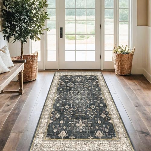 Washable 4x8 Hallway Runner Rug, Black Vintage 8ft Soft Runners for Entry Kitchen Non Slip Low Pile Thin Carpet for Living Room Bedroom Foyer