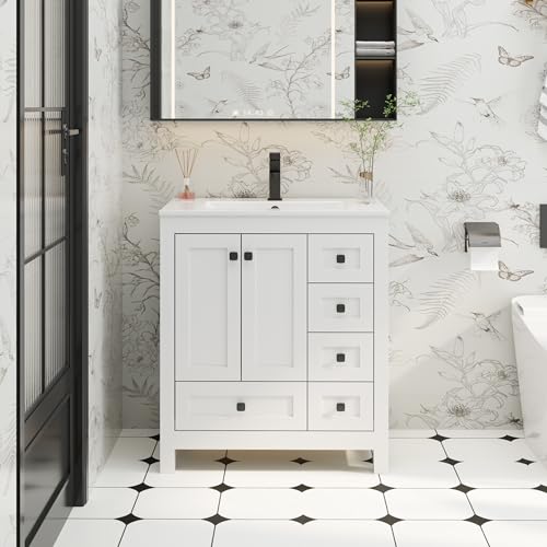 eclife 30' Bathroom Vanities with Sink Combo, Modern Thickened Wood Bathroom Storage Cabinet w/Undermount Sink, Matte Black Faucet Drain, Painted Surface, White