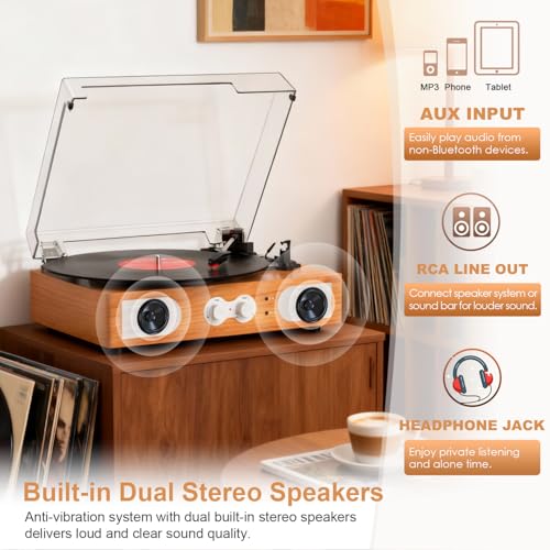 Image of Vinyl Record Player with Built-in Speakers 3-Speed Vintage Record Player Support Treble& Bass Control, 3.5mm Headphone Jack, RCA-Out /Aux in, Belt-Driven LP Turntable,Natural Wood