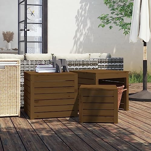 Frdhee Banco Almacenaje Baul Exterior, Set cajas de jardín 3 pzas madera maciza pino gris marrón miel para cojines de muebles de jardín