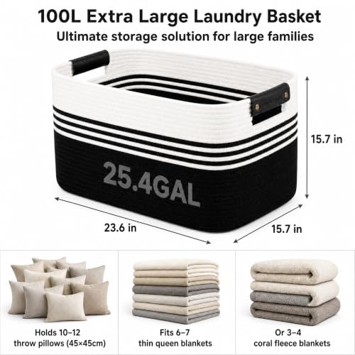 Image of Cotton Rope Laundry Basket Extra Large, 25.4GAL Collapsible Woven Storage Baskets for Living Room Kids Toys Stuffed Animal,Boho Rectangular Decorative Hamper for Dirty Clothes, Blankets White Black