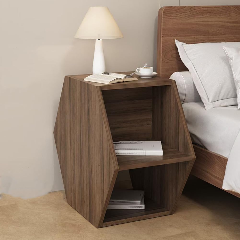 Mesita de noche de madera, mesa de centro delgada con almacenamiento, mesita de noche hexagonal para sala de estar, dormitorio, oficina en casa, mesa consola de entrada, acabado de nogal