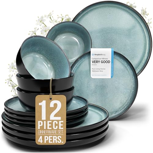 Stoneware dinnerware set 4 persons 12 pcs – Modern style plates and bowls set ceramic – Dishwasher safe and scratch resistant – Bowl and plate set – Dinner service Pure Living black & petrol blue