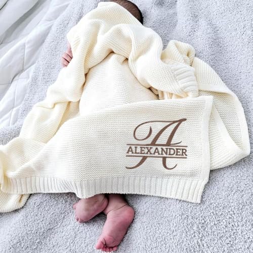 Luxury Personalized Knit Embroidered Baby Name Blanket Custom Embroidered Monogrammed Cotton Nursery Blanket Gifts for Newborn Baby Boy and Girl...