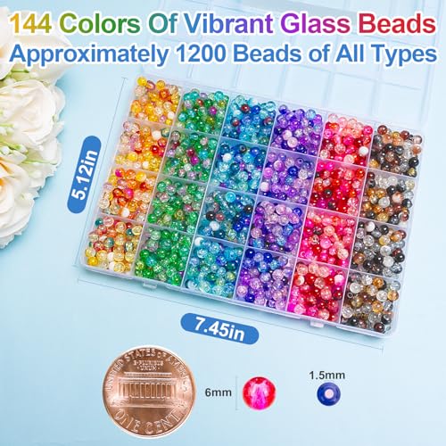 Image of XSEINO About 144 Colors 1200PCS 6mm Glass Beads Bracelet Making Set, 6 Styles of Mixed Crack Beads for Bracelets, Jewelry, and DIY Making