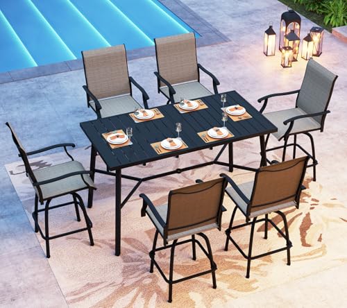 Image of PHI VILLA Outoor Swivel Bar Stools Set of 6 with Armrest and Backrest, 30 inch Seat Height High Top Bar Height Patio Chairs, Brown Textilene Fabric