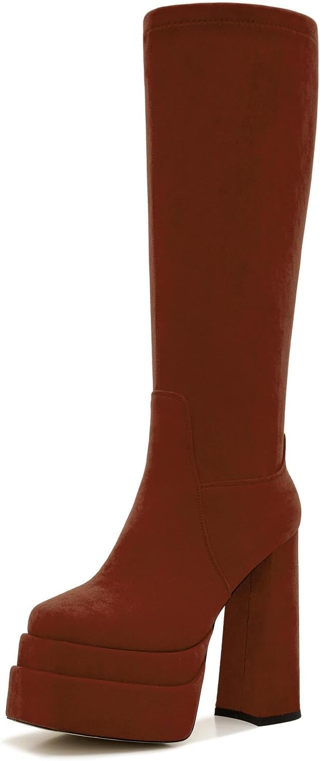 ZXHYZLZ Women's Wide Calf Knee High Suede Platform Boots – Chunky High Heel Stretch Pull-On Tall Boots for Plus Size Legs