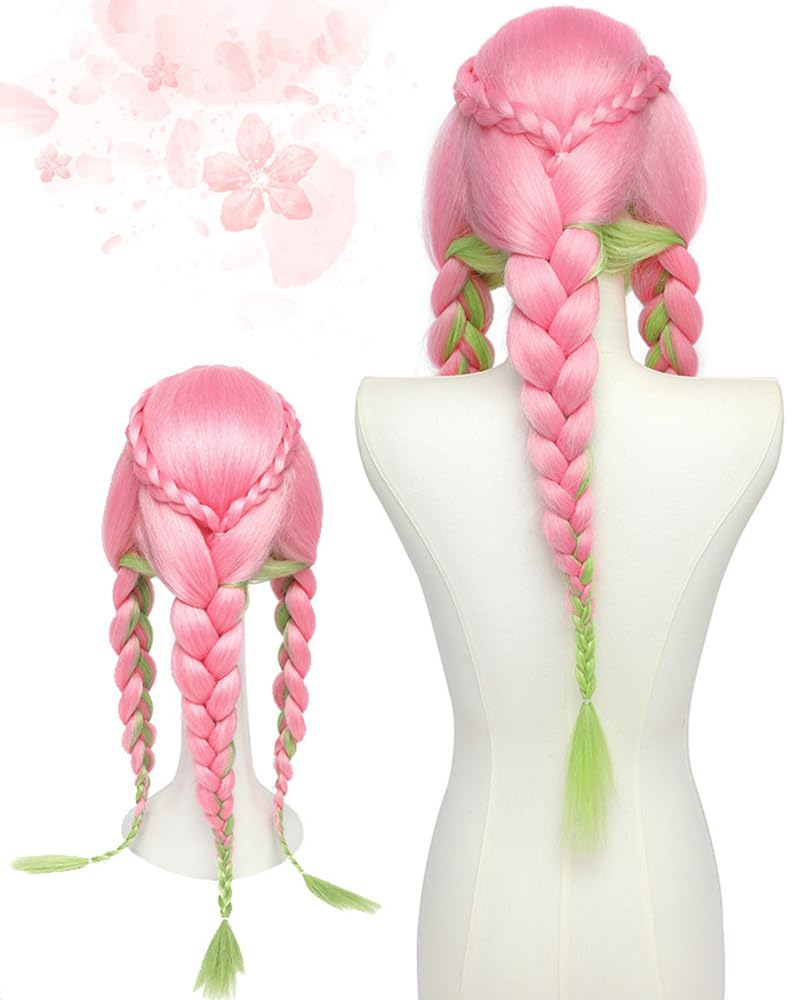 PORSMEER Anime Pink and Green Wig for Mitsuri Cosplay Braided Hair Wig with Pigtails Halloween Party, 19.6'' - 23.6'' - Image 4