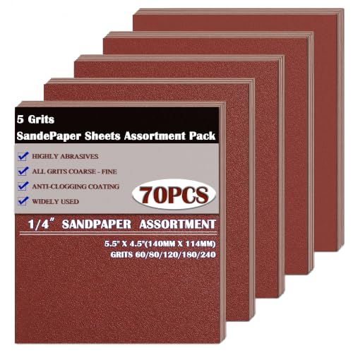 Dianrui 70 PCS 1/4" Sandpaper Sheets for Palm Sander, 5.5" x 4.5"- 60/80/120/180/240 Grit Sandpapers Assortment for Wood Metal Furniture Sand Paper for Drywall