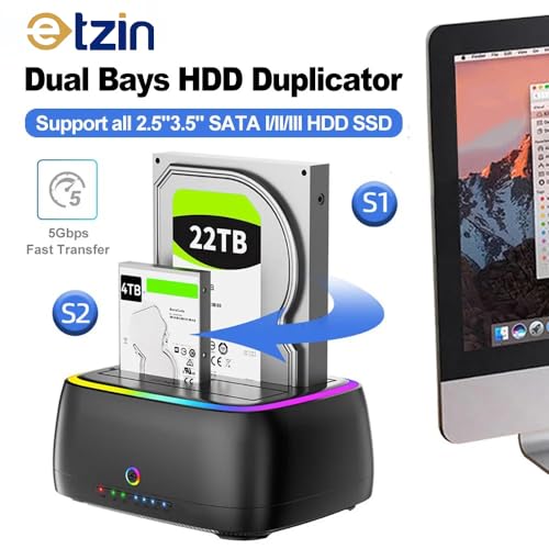 Image of ETZIN Dual-Bay Hard Drive Station USB3.0 5Gbps SATA HDD Docking Station for 2.5 /3.5 inch HDD /SSD Enclosure Clone Offline Enclosure HDD Reader Enclosure Adapter HDD External Supports up to 22TB