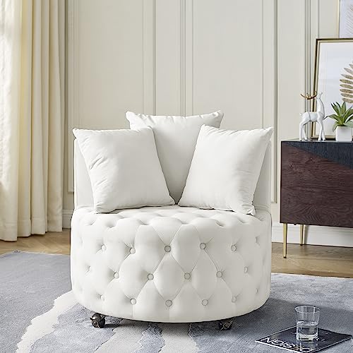 FANYE 30" Living Room Cute Swivel Accent Tub Barrel Chair Velvet Tufted Upholstered Single Lounge Club Round Armchair with 3 Pillows for Home Office Apartment Bedroom