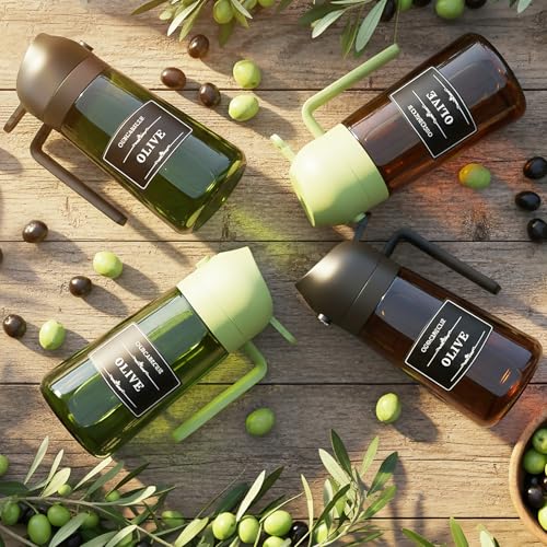 Image of Olive Oil Sprayer & Dispenser for Cooking, 16oz Dark Glass Oil Mister, 2PC | 2-in-1 Oil Sprayer & Pourer, Fine mist, Light-Blocking, Wide Mouth for Easy Refill & Clean, 8 Oil Labels, Reusable