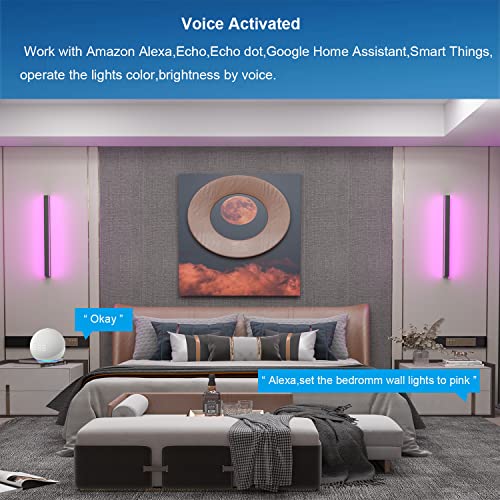 Smart Wall Sconces Indoor Rgb Led Wall Light Fixtures,Modern Black Wall Mounted Lamp For Bedroom,Living Room,Wall Panels Lighting,Works With Alexa,Google,Remote Control,Patio,Hallway,Porch Lights,1Pcs #TOP2