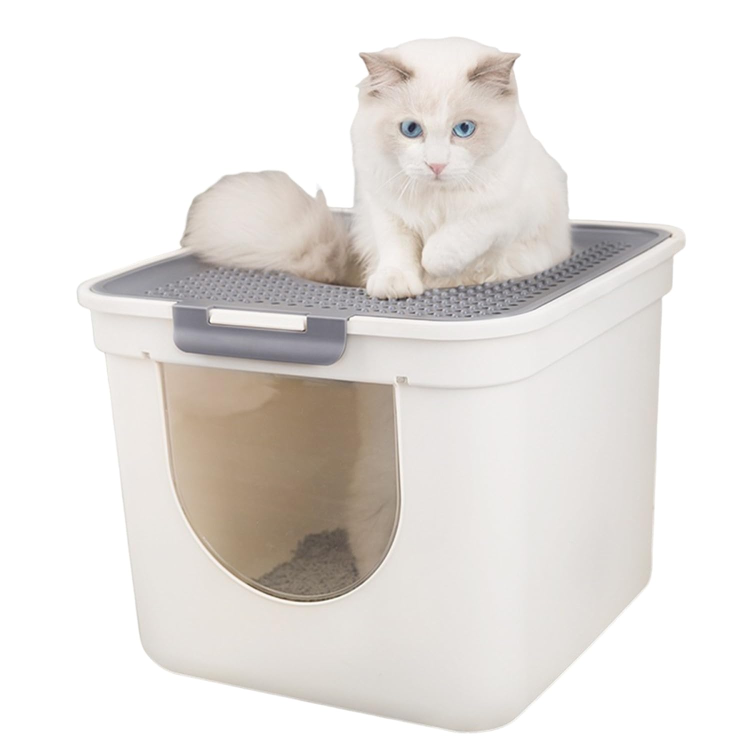Lettiera per gatti a forma di cappello, porta d'ingresso con doppia porta d'ingresso, super grande spazio da 25 l, design con coperchio cavo, resistente agli spruzzi, WC per gatti