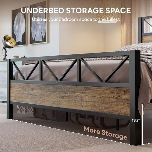 Image of LIKIMIO California King Bed Frame, Tall Industrial Headboard 51.1 inch, Platform Bed Frame with Strong Metal Support, Solid and Stable, Noise Free, No Box Spring Needed, Easy Assembly, Rustic Maple