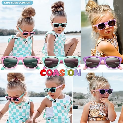 COASION Kids Polarized Sunglasses Set TPEE Rubber Flexible Shades for Girls Boys Age 3-9 Sunglasses 3 Pack (Purple + Rosepink + Applegreen) by COASION - Image 2