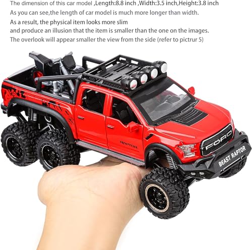 Image of 1:24 Raptor F150 Alloy Metal Diecast Car, Pull Back Toy Car with Openable Doors, Light and Music, Boys Gifts and Toys for Kids (Red)