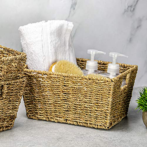 Seagrass Storage Baskets – Set Of 4 Hand-Woven Hampers With Handles | Natural Nesting Baskets For Bathroom Shelves, Bedroom & Home Office | M&W - 4