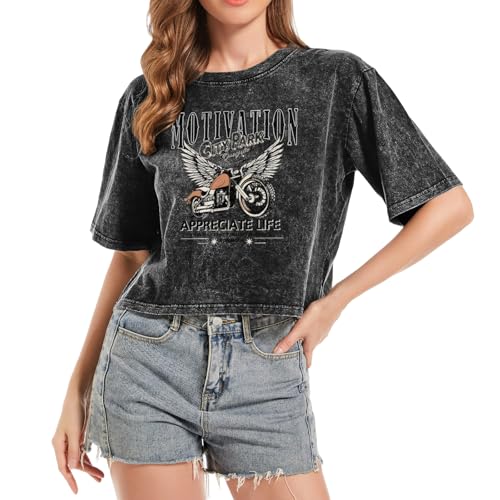 Motorcycle Cropped Graphic Vintage Tees for Women Y2k Aesthetic Baggy Crop Top Acid Wash Motivation T Shirt Trendy2