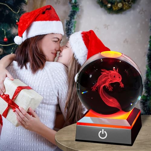 Image of 3D Axolotl Crystal Night Light with Multicolor LED Base Glass Laser Engraved Axolotl Figurines Gifts for Boys Girls Lovers Birthday Christmas Room Decor (Axolotl-1)
