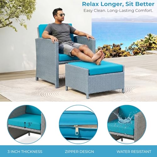 Image of DEVOKO Valencia 5 Piece All Weather Rattan Wicker Patio Sofa Set with Water Resistant Cushioned Chairs with Glass Top Table & Ottomans for Garden, Pool, Porch, Backyard (Silver Grey & Sky-Blue)