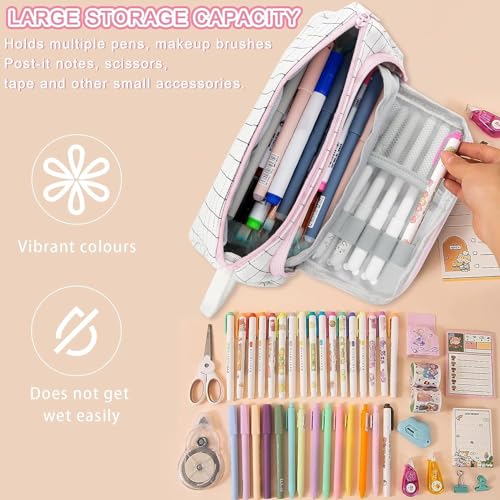Image of OSDUE Large Capacity Pencil Case, Grid Pattern Canvas Pen Pouch with Handle, Cute Aesthetic Multi-Compartment Organizer for Pens, Makeup Brushes, School & Office Supplies