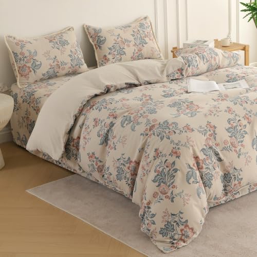 Image of Story@Home King Size Bedcover Set | 400 TC Microfiber Bedding Set with 1 Duvet Cover 1 King Bedsheet 270 x 250 cm & 2 Pillow Covers | Soft Durable Duvet Cover Set Floral Pattern | Beige Blue