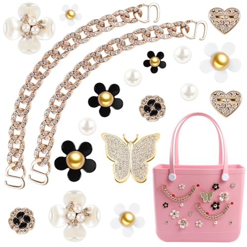 WAQYGZO 20 Pcs Charms for Bogg Bag Butterfly & Pearl Flowers Chain for Bogg Bag Accessories Charms Compatible with Simply Modern Beach Bag Tote, Insert for Rubber Beach Tote Bag