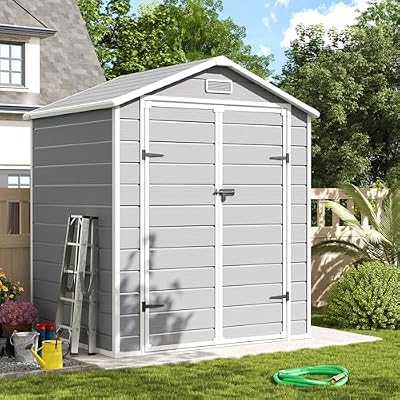 Amopatio Outdoor Storage Shed with Floor, 6x4.5 FT Plastic Shed with Ventilation, Waterproof Resin Garden Sheds for Backyard,Patio,Lawn White Grey