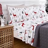 CAROMIO Christmas Flannel Sheets Queen, 100% Cotton Printed Bed Sheet Set, Soft Heavyweight Brushed Flannel, 16 Inches Deep Pocket Winter Warm Sheets 4 Piece (Red Christmas Reindeer, Queen)