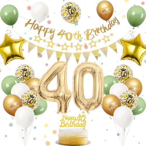 Decoraciones de cumpleaños número 40 verde salvia: globos, pancartas, adornos para tartas y número 40 para mujer