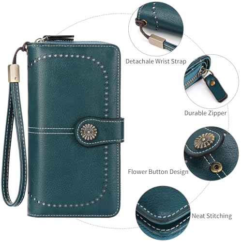 Image of Wristlet Wallets for Women Leather Credit Card Holder Bifold Blue | RFID Blocking, Large Capacity, Ladies Phone Clutch Purse with Zippered Coin Pocket