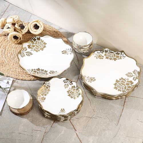 Image of Timeless Elegance Gold Plated 18 Piece Dinner Set for 6 | Premium White & Gold Porcelain Crockery Set with Scalloped Rim | 6 Dinner Plates, 6 Quarter Plates & 6 Veg Bowls (DSS03)