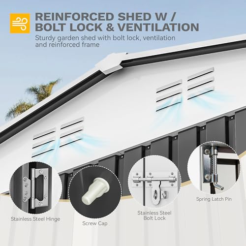 Image of DWVO 10x8ft Large Tool Storage Shed with Window, Lockable Doors, and Sloped Roof, Oversized Steel Outdoor Storage Shed for Garden, Patio, Garage, Backyard, Lawn - Gray & White