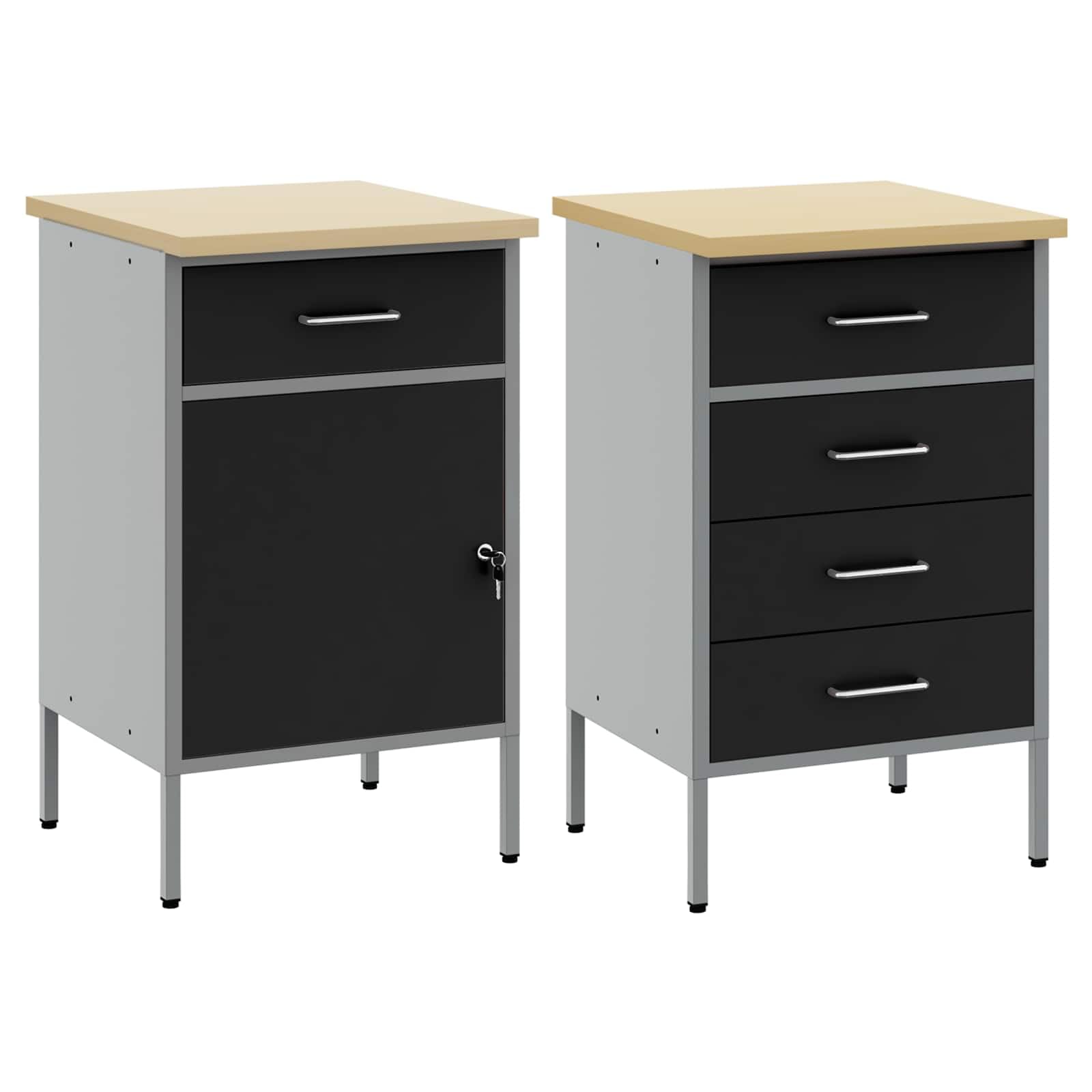 Banco da lavoro con cassetti 2 pezzi, nero e grigio, 75 x 45 x 85 cm, armadio da officina in legno e acciaio per attrezzi