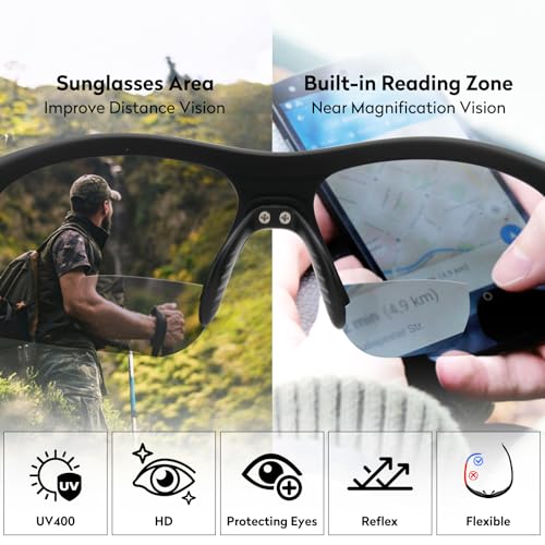 Image of Attractive Bifocal Reading Sunglasses for Men, Durable TR90 Semi Rimless Wrap Around Design Sun Readers, UV400 Near-Far Sun Glass Built in Outdoor Sports /Driving /Finshing Dark Glasses, +2.5