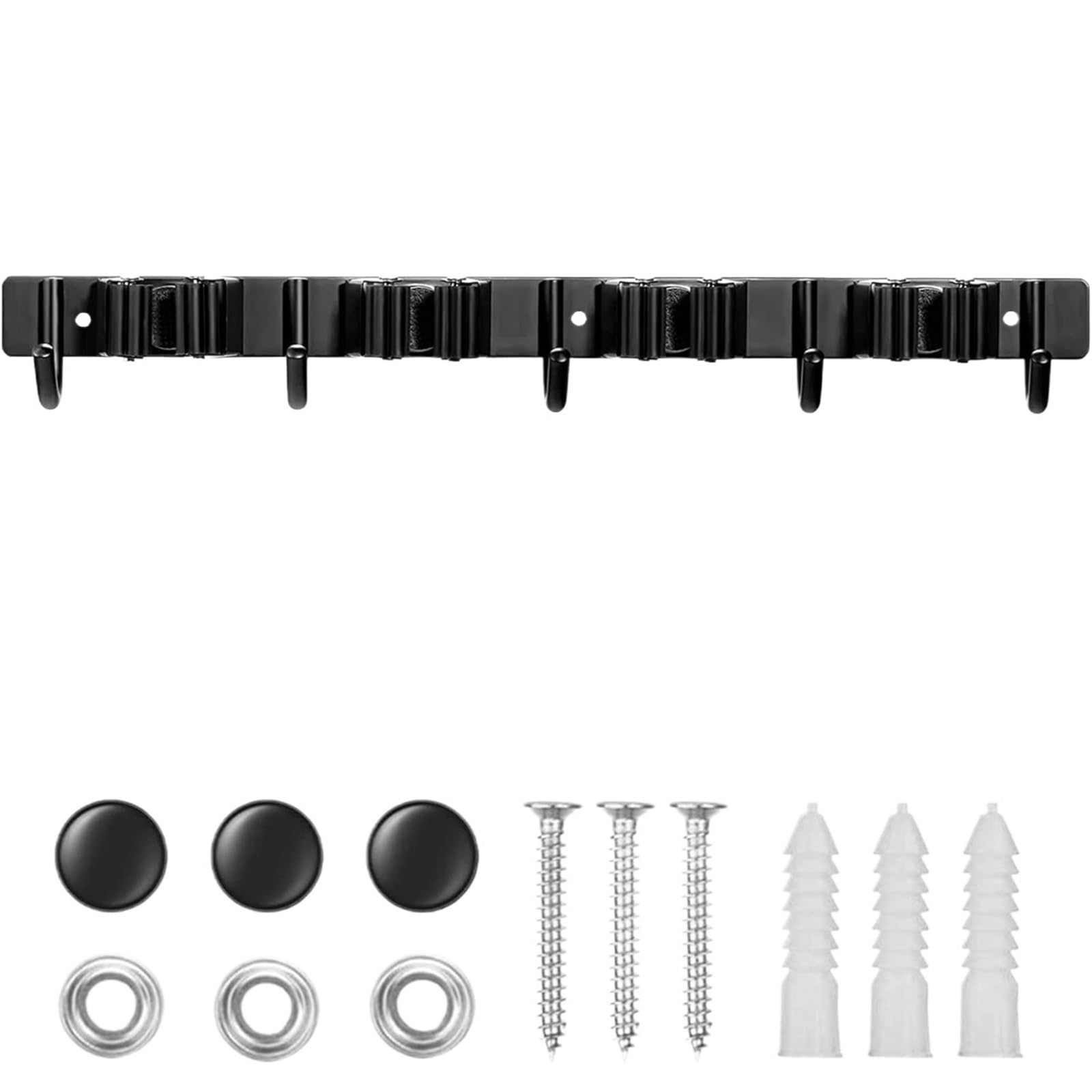 Porta Scope Parete 1 portautensili in metallo resistente con 4 slot e 5 ganci for attrezzi da giardino, spazzolone deposito for attrezzature garage, nero per cucina