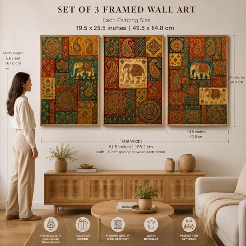 Image of Livin'luxe Set of 3 Rajasthani Elephant Patchwork Wall Paintings for Living Room Bedroom Home Decor with Premium Wooden Color Synthetic Frame (25.5 x 19.5 Inch) NM03-63