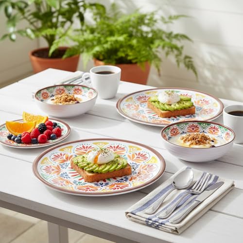 Image of 12-Piece Melamine Dinnerware Set,Service for 4, Durable Plate and Bowl, Floral Pattern Tableware for Parties & Home, Dinner Salad Dessert Plates, and Cereal Bowls Set,Housewarming Wedding Gift - Brown