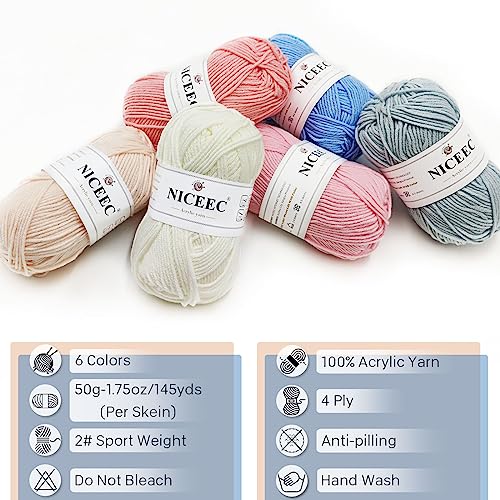 Image of NICEEC 300g Soft Assorted Colors Yarn - Sport Weight,100% Acrylic, 4 Ply, Bonbons Yarn for Crochet & Knit, DIY Project Starter Kit for Kids or Adults(Total 870yds) - Series 13