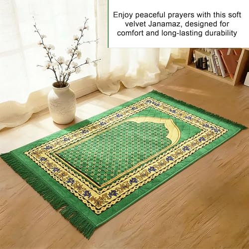 Image of Kuber Industries 28x44 Inch Velvet Janamaz /Meditation /Prayer Mat for Muslim Namaz | Soft & Foldable Mihrab Mark Islamic Prayer Rug | Green