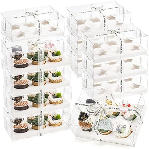 Cedilis 15 Pack Clear Cupcake Boxes, 6 Count Cupcake Containers with Gift Ribbon, Plastic Cupcake Carrier Holder for Treat Dessert Cookies Muffins Pastry Baby Shower Party Cover